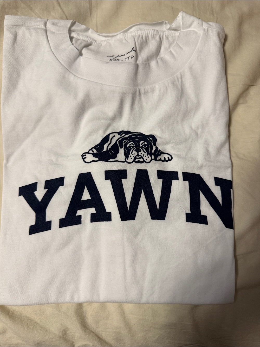 Urban Outfitters White Crop Top with Navy Bulldog 'YAWN' Graphic